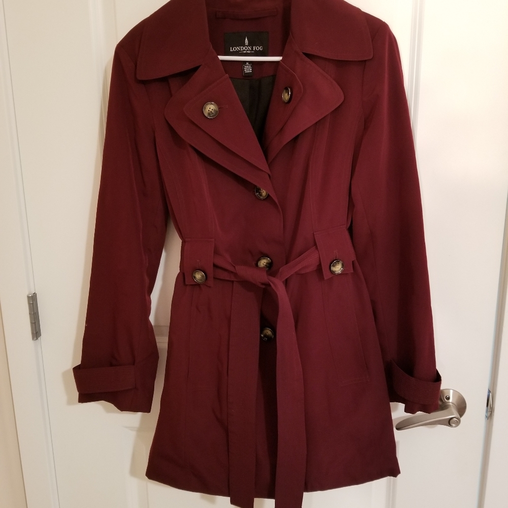 Burgundy London Fog Belted Trench Coat Size Medium